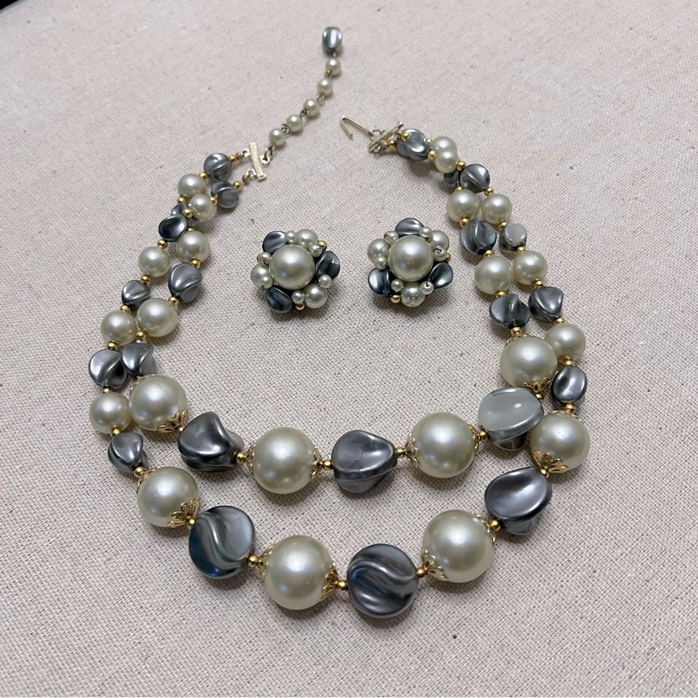 Vintage Mid Century Hong Kong Faux Pearl Necklace Clip Earrings Set